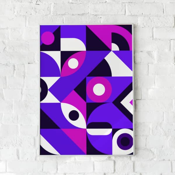 Farverig plakat med cirkulære og kantede geometriske former i lilla