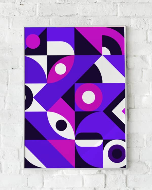 Farverig plakat med cirkulære og kantede geometriske former i lilla