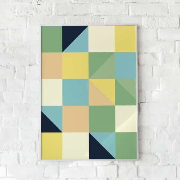 Minimalistisk plakat med firkanter og trekanter i grøn
