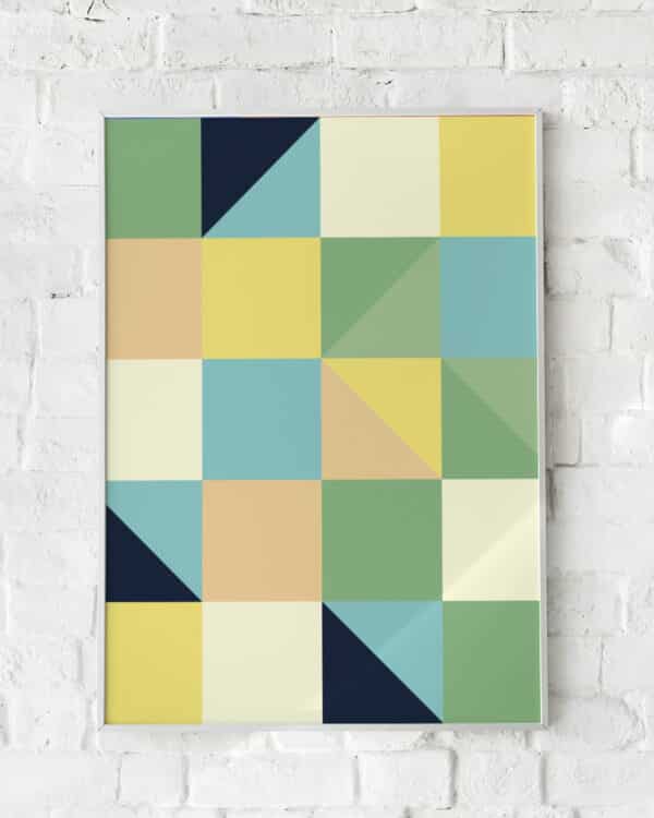 Minimalistisk plakat med firkanter og trekanter i grøn