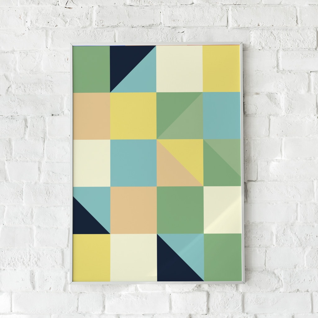 Minimalistisk plakat med firkanter og trekanter i grøn