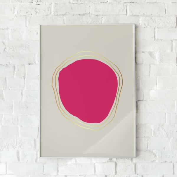 Abstrakt plakat med en pink organisk form omgivet af gyldne linjer.