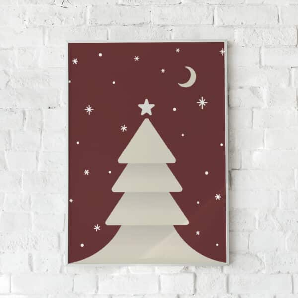 Juleplakat med et minimalistisk juletræ på en varm rød baggrund.