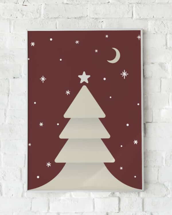 Juleplakat med et minimalistisk juletræ på en varm rød baggrund.