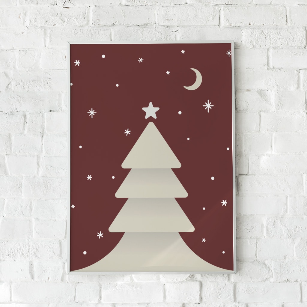 Juleplakat med et minimalistisk juletræ på en varm rød baggrund.