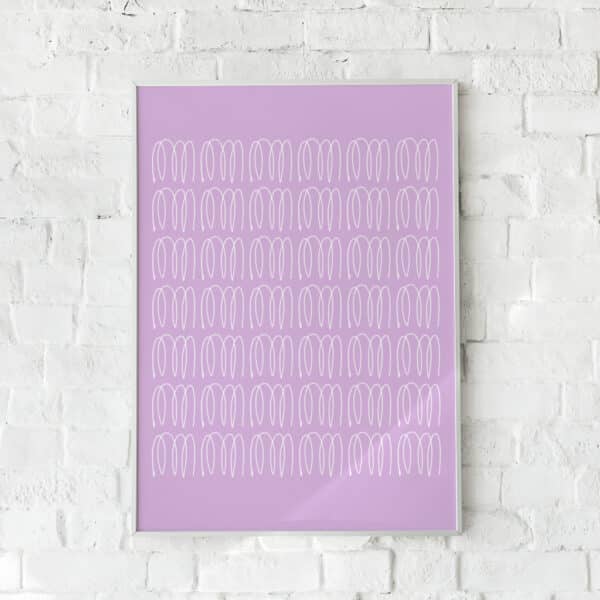 Minimalistisk plakat med håndtegnede hvide linjer på en lilla baggrund.