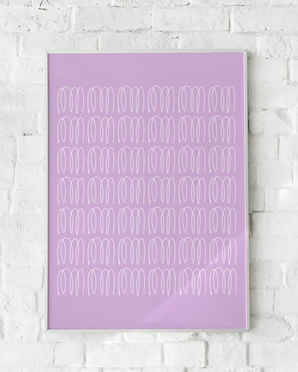 Minimalistisk plakat med håndtegnede hvide linjer på en lilla baggrund.