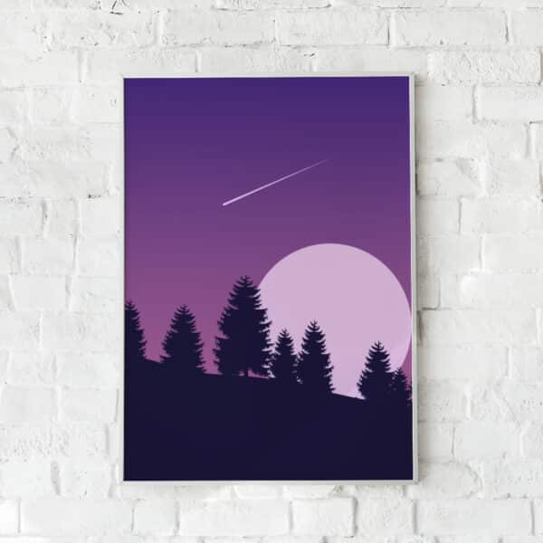 Naturskøn plakat med fyrretræer under en lilla nattehimmel med måne og stjerneskud.