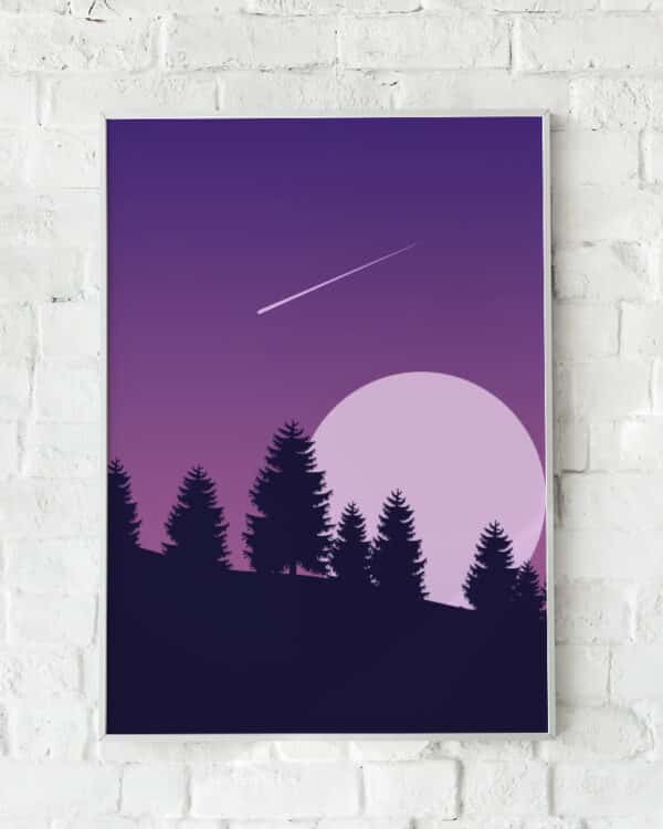 Naturskøn plakat med fyrretræer under en lilla nattehimmel med måne og stjerneskud.