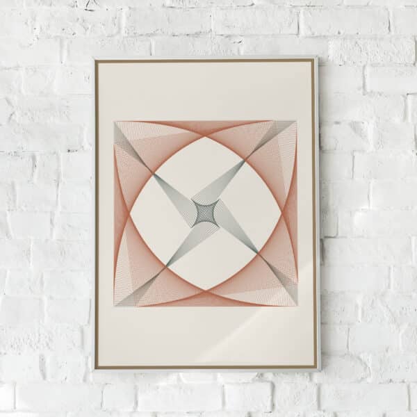 Geometrisk plakat med symmetriske linjer i rust-orange og dybgrønne nuancer.