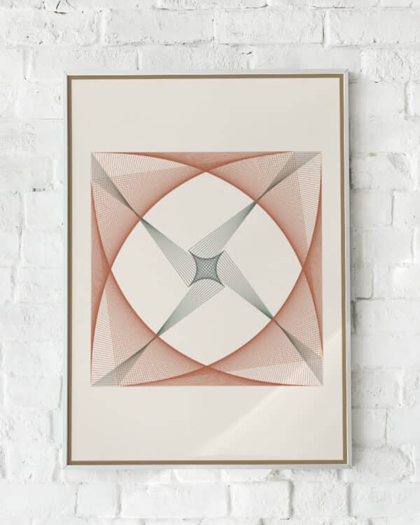 Geometrisk plakat med symmetriske linjer i rust-orange og dybgrønne nuancer.