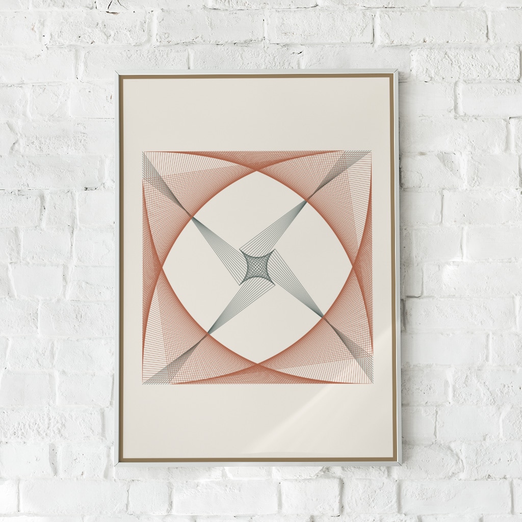 Geometrisk plakat med symmetriske linjer i rust-orange og dybgrønne nuancer.