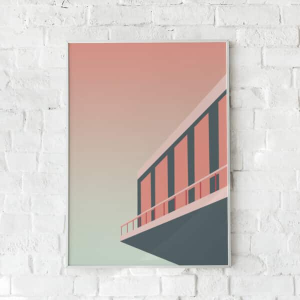 Minimalistisk arkitekturplakat med en moderne bygning i rosa og mintgrønne nuancer.