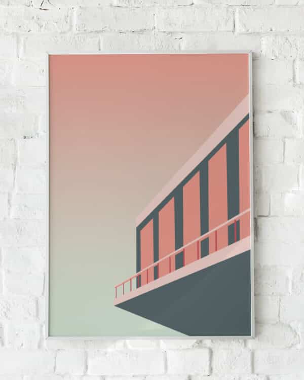 Minimalistisk arkitekturplakat med en moderne bygning i rosa og mintgrønne nuancer.