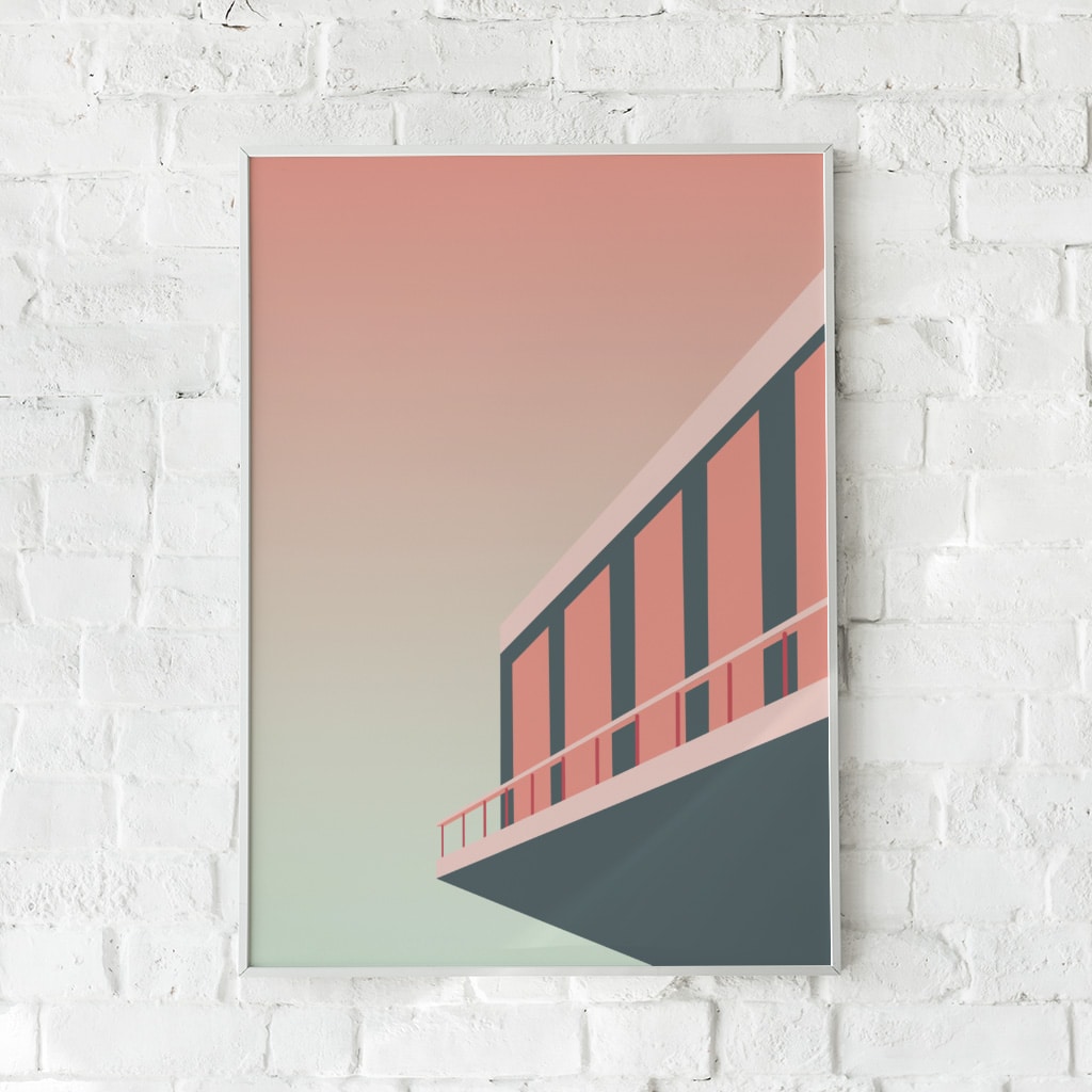 Minimalistisk arkitekturplakat med en moderne bygning i rosa og mintgrønne nuancer.