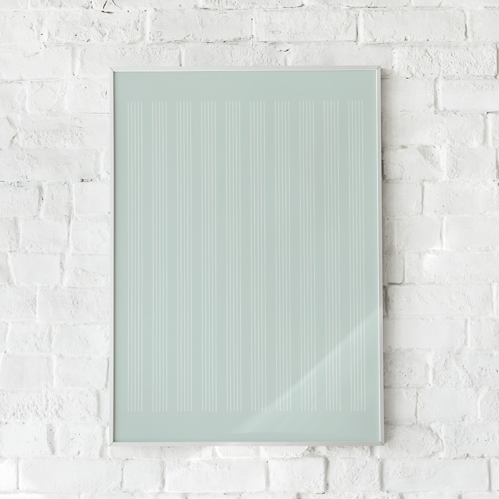 Minimalistisk plakat med fine lodrette linjer på en sart mintgrøn baggrund.