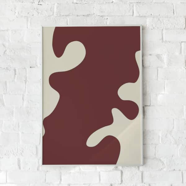 Abstrakt plakat med organiske former i bordeaux og beige.