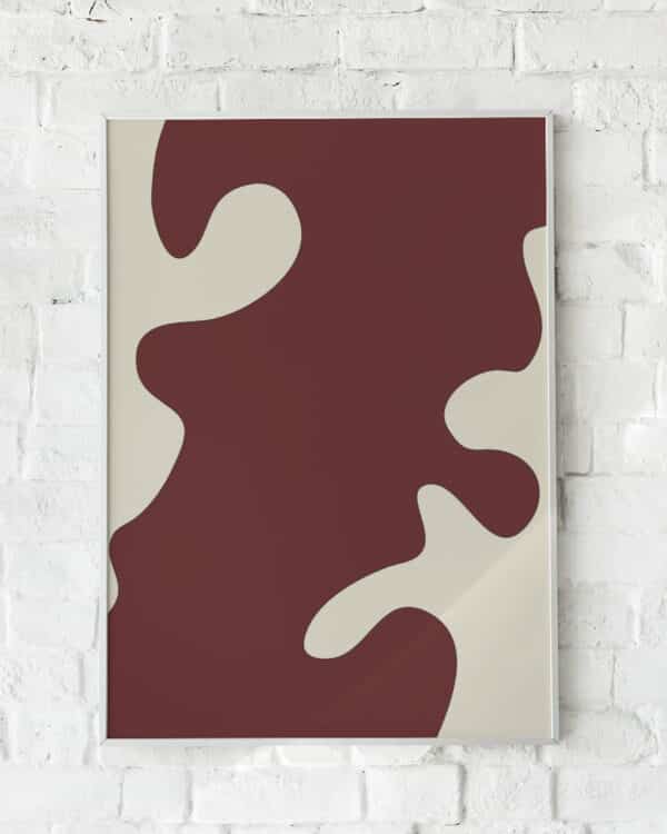 Abstrakt plakat med organiske former i bordeaux og beige.