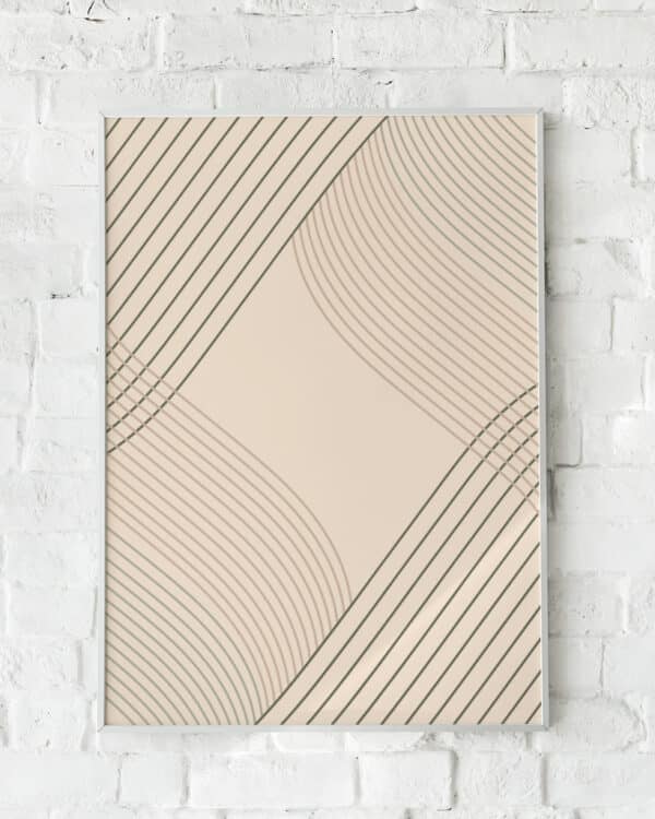 Plakat med bølgende linjer i grøn og brun på en beige baggrund.