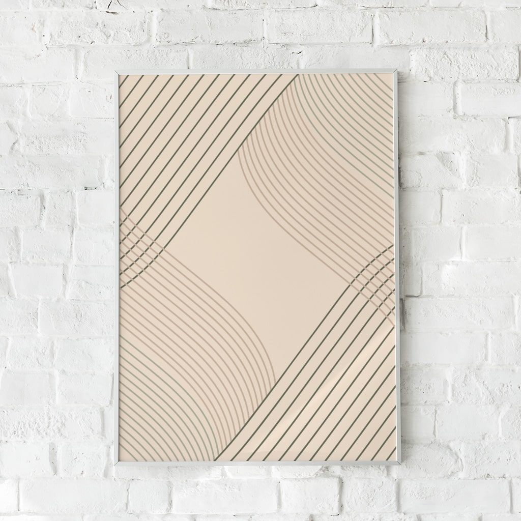 Plakat med bølgende linjer i grøn og brun på en beige baggrund.