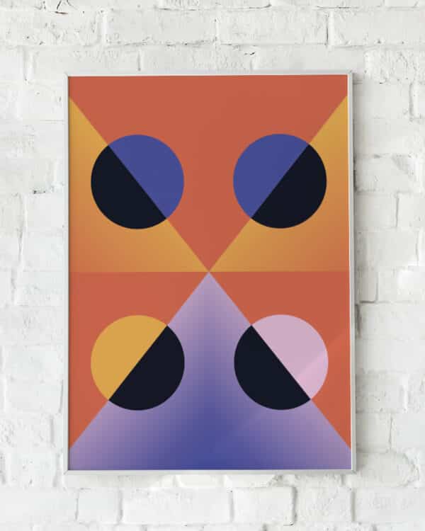 Farverig plakat med geometriske former i blå