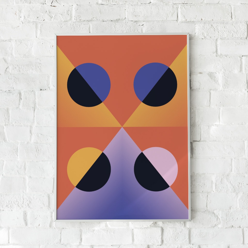 Farverig plakat med geometriske former i blå