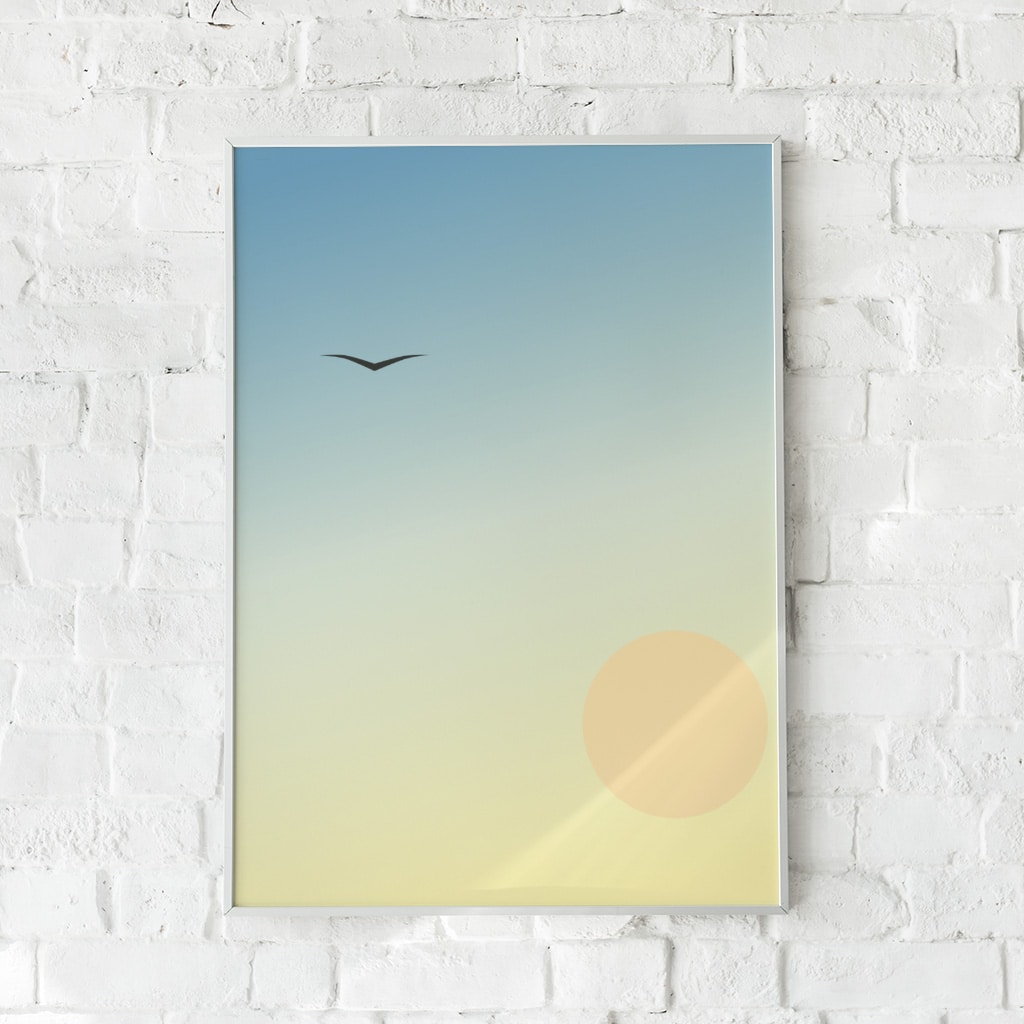 Plakat med en svævende fugl på en blå og gul himmel med en varm sol.