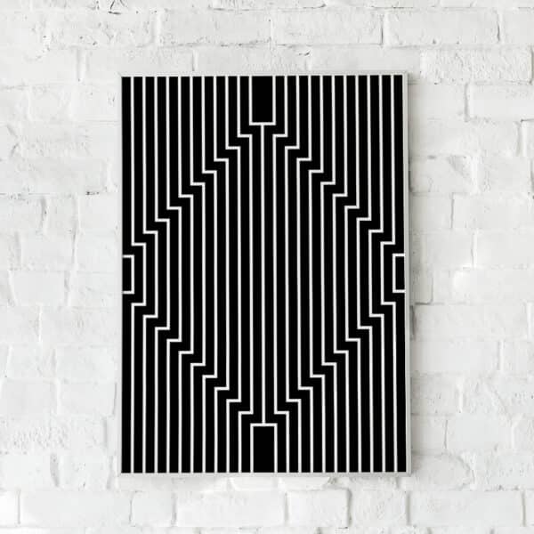 Sort-hvid plakat med skarpe linjer i et geometrisk mønster.