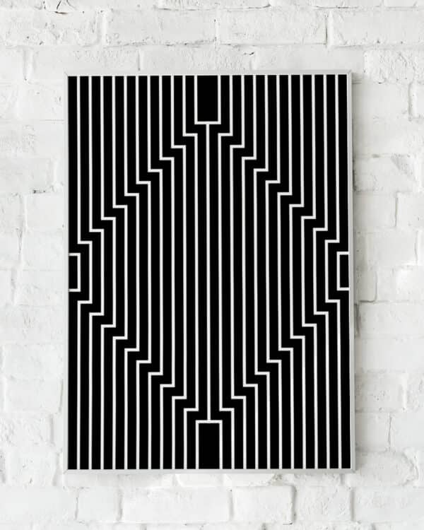 Sort-hvid plakat med skarpe linjer i et geometrisk mønster.
