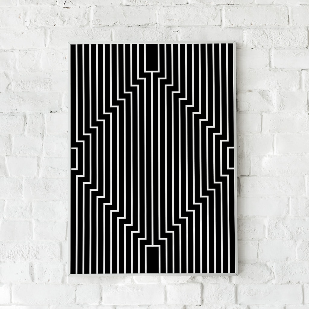 Sort-hvid plakat med skarpe linjer i et geometrisk mønster.