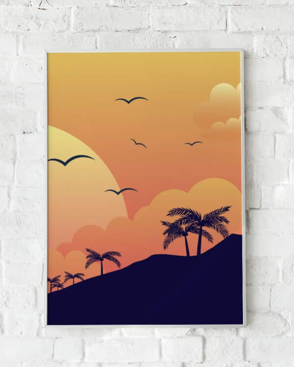 Plakat med solopgang i varme orange og gule nuancer