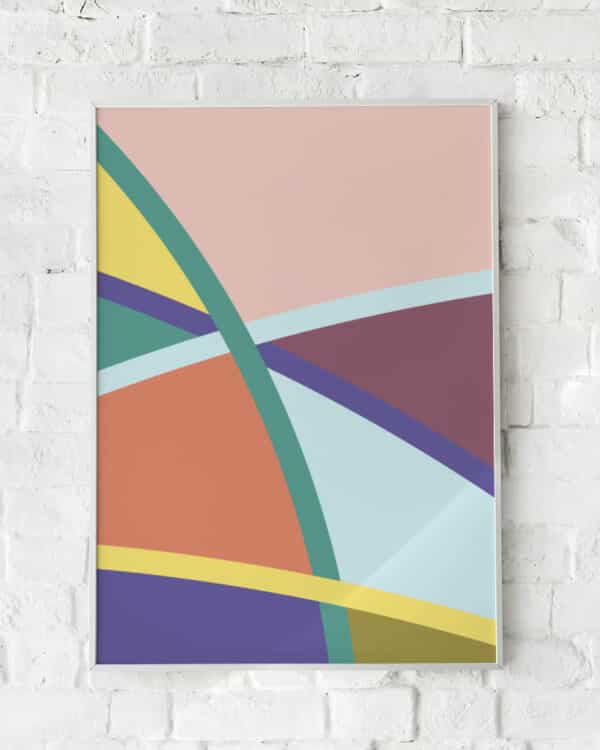 Farverig plakat med buede linjer og geometriske former i pastelfarver og dybere nuancer. Perfekt til moderne vægkunst.