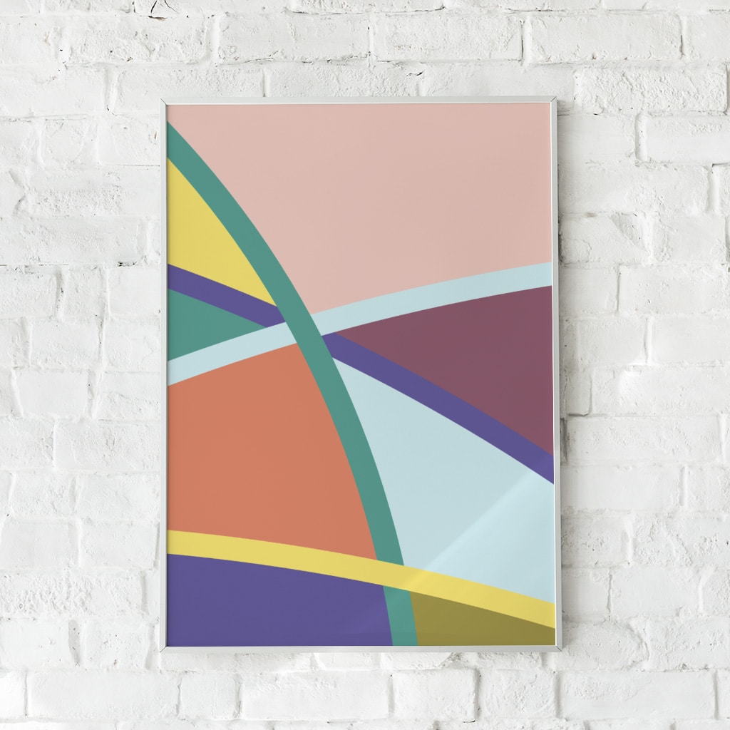 Farverig plakat med buede linjer og geometriske former i pastelfarver og dybere nuancer. Perfekt til moderne vægkunst.