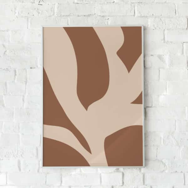 Minimalistisk plakat med organiske former i beige og brun. Skaber en naturlig og blød atmosfære.