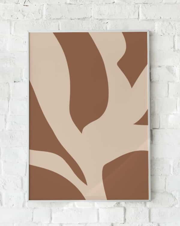 Minimalistisk plakat med organiske former i beige og brun. Skaber en naturlig og blød atmosfære.