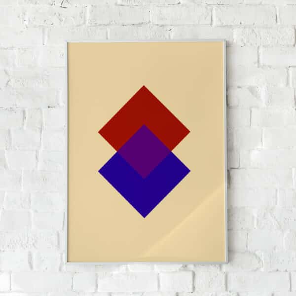 Geometrisk plakat med rød og blå firkant på beige baggrund. Perfekt til moderne og minimalistisk indretning.