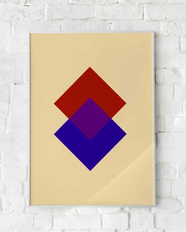 Geometrisk plakat med rød og blå firkant på beige baggrund. Perfekt til moderne og minimalistisk indretning.