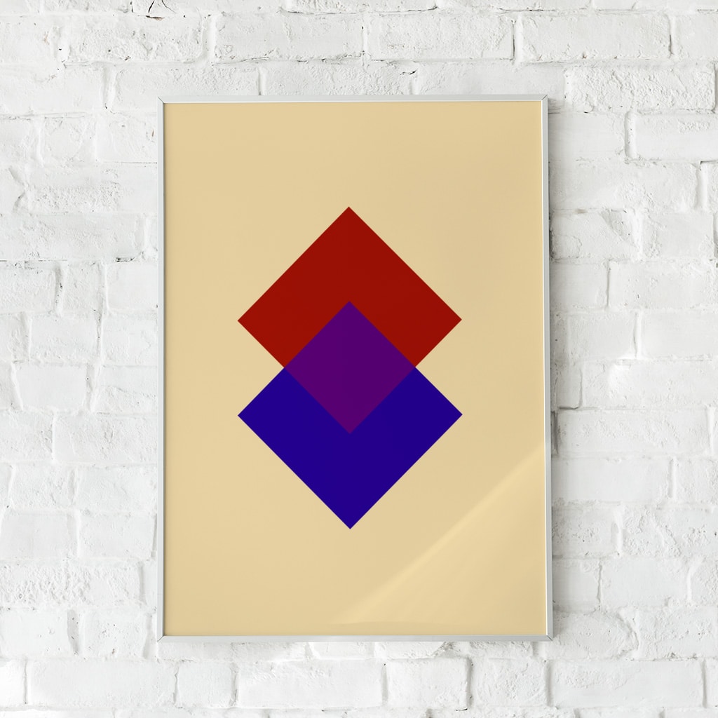 Geometrisk plakat med rød og blå firkant på beige baggrund. Perfekt til moderne og minimalistisk indretning.