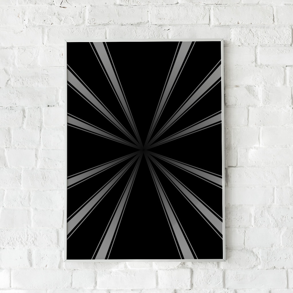 Grafisk plakat med optisk dybde og minimalistisk design i sort og grå nuancer. Skaber en hypnotisk effekt.