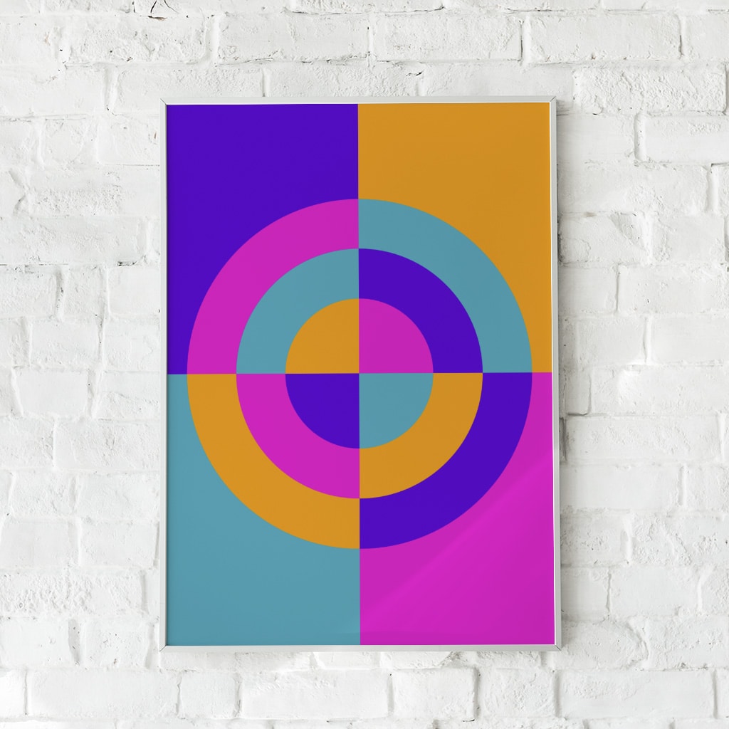 Farverig plakat med cirkler og moderne design i blå