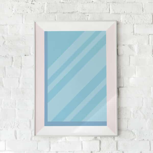 Minimalistisk plakat med geometriske linjer og blide blå nuancer. Skaber et luftigt og friskt udtryk.
