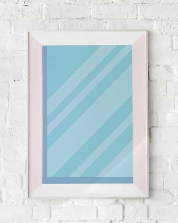 Minimalistisk plakat med geometriske linjer og blide blå nuancer. Skaber et luftigt og friskt udtryk.