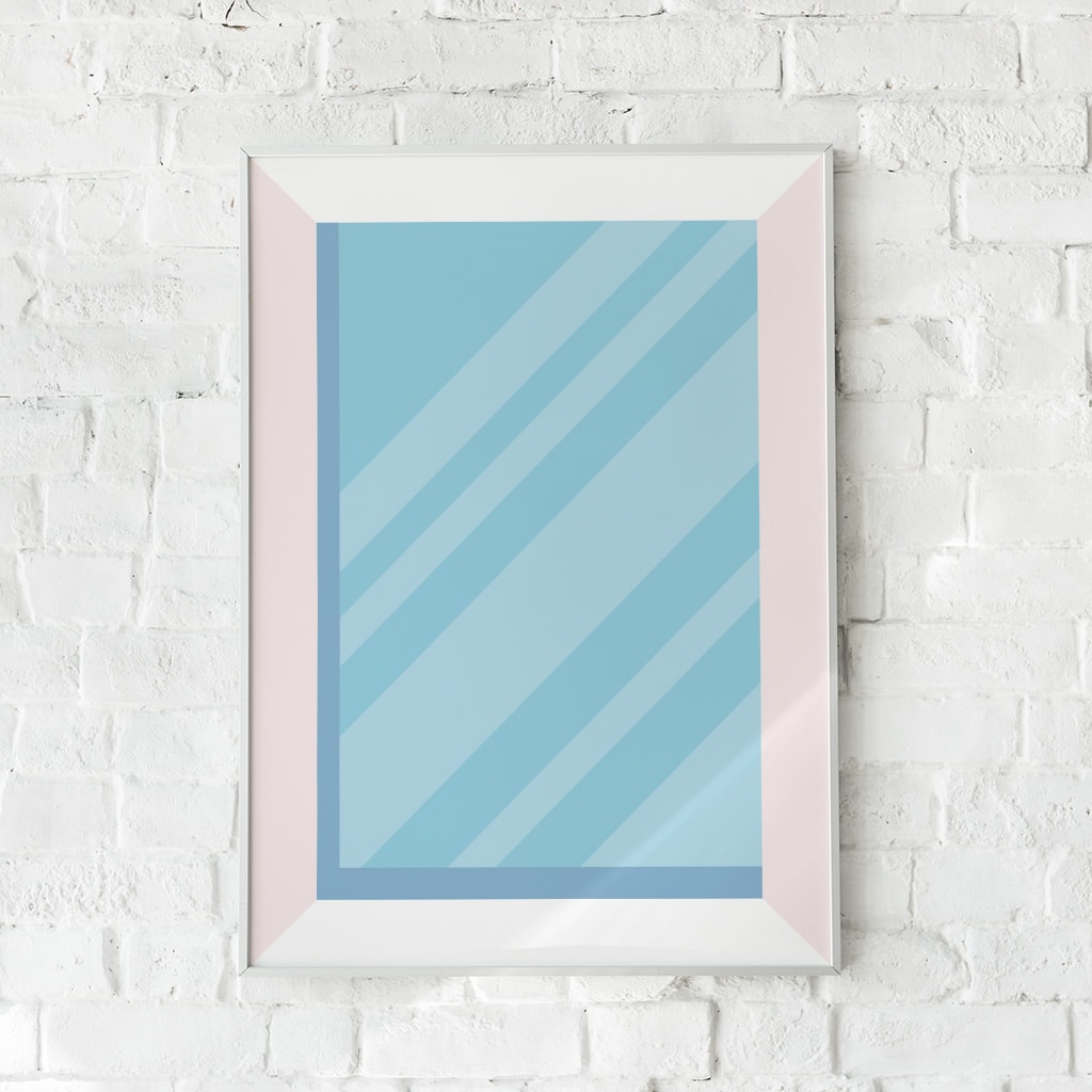 Minimalistisk plakat med geometriske linjer og blide blå nuancer. Skaber et luftigt og friskt udtryk.