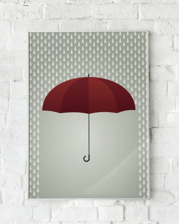 Minimalistisk plakat med en rød paraply omgivet af grå regndråber på en lys baggrund.