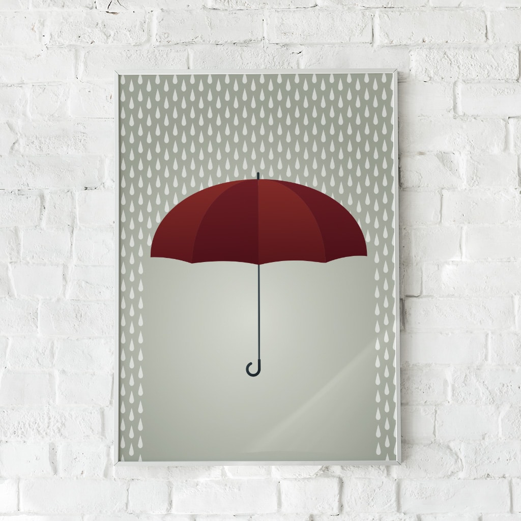 Minimalistisk plakat med en rød paraply omgivet af grå regndråber på en lys baggrund.