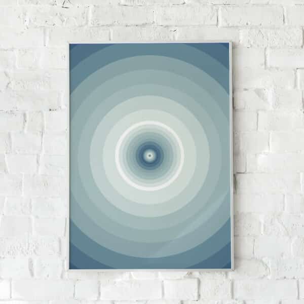 Hypnotisk plakat med koncentriske cirkler i blå og hvid.