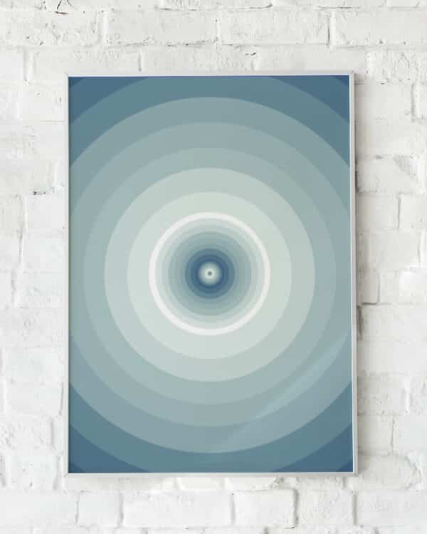 Hypnotisk plakat med koncentriske cirkler i blå og hvid.
