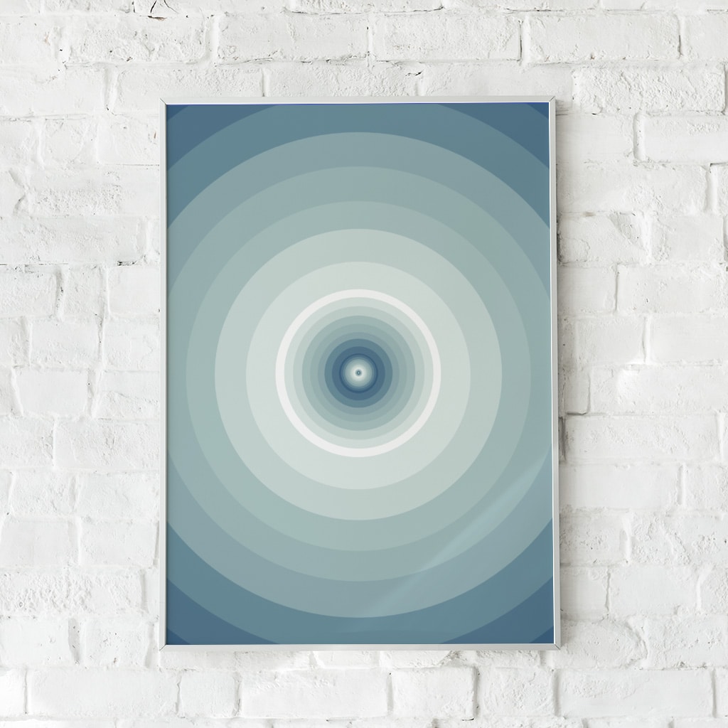 Hypnotisk plakat med koncentriske cirkler i blå og hvid.
