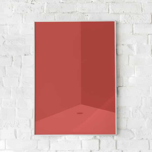 Monokrom rød plakat med subtile skygger og en minimalistisk rumillusion.