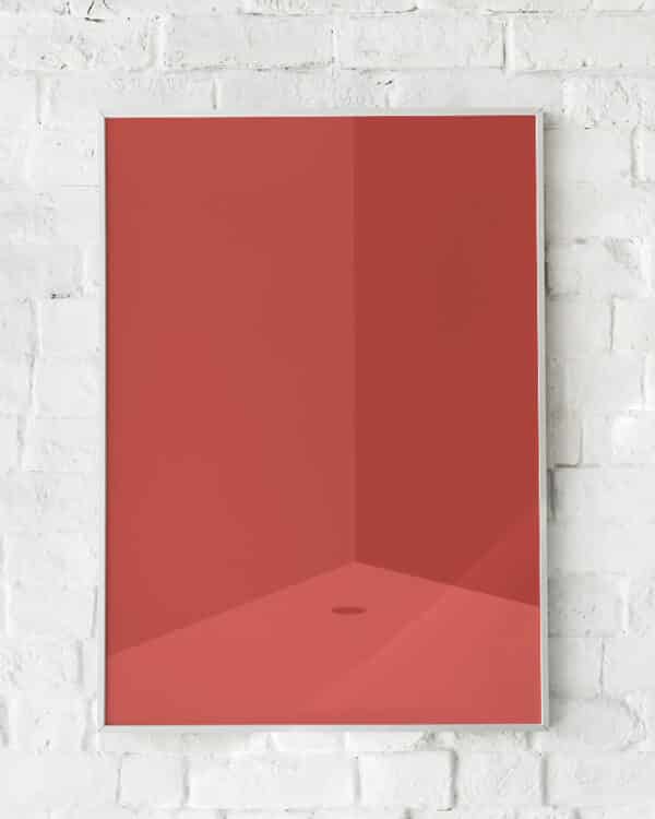 Monokrom rød plakat med subtile skygger og en minimalistisk rumillusion.
